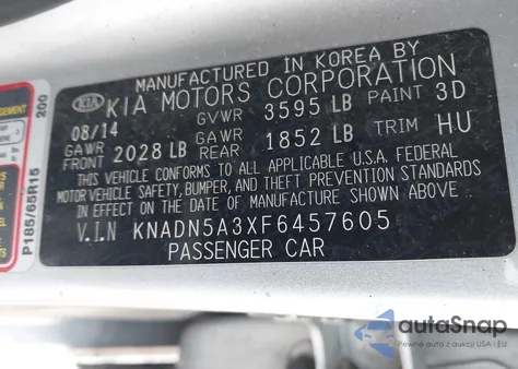 2015 Kia Rio Ex z USA, uszkodzony, nr VIN KNADN5A3XF6457605